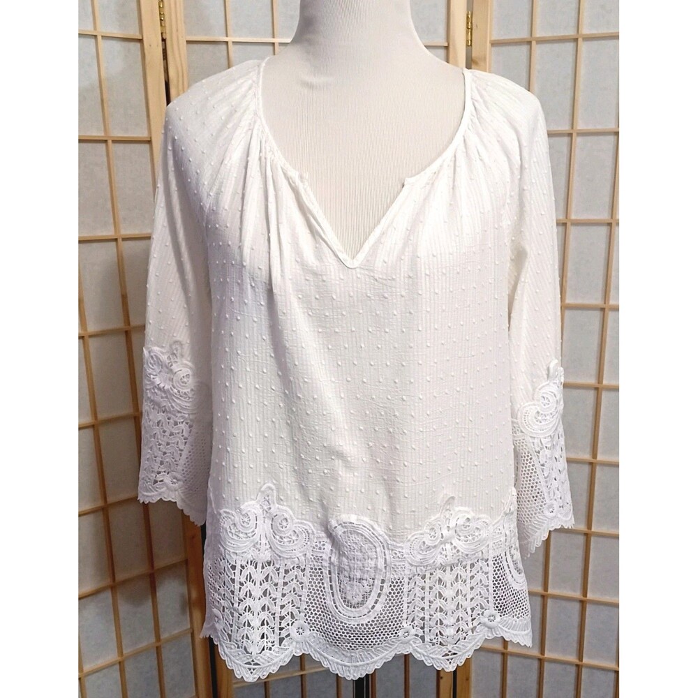 Fever Women's White Swiss Dot Embroidered Lace Trim Peasant Blouse Medium